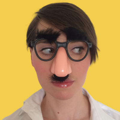 a close up of Robyn wearing glasses with a fake nose, eyebrows and moustache attached.